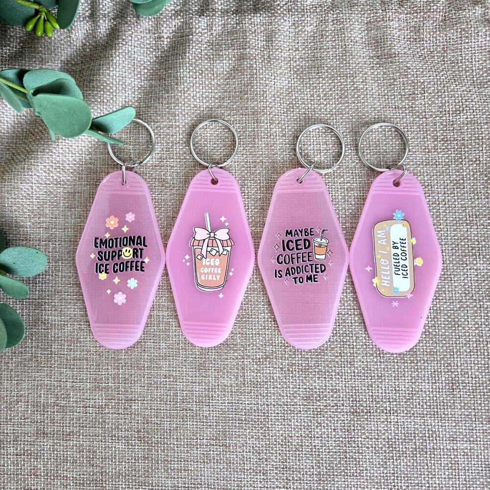 Translucent Pink Iced Coffee Motel Keychain, Jelly Hotel Key Tag, Car Accessory